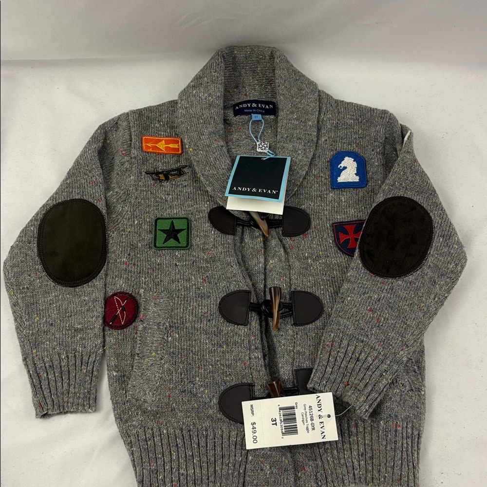 Andy and Evan Toddler Boys Gray With Patches Cardigan Toggle Buttons Size 3T NWT - Picture 2 of 8